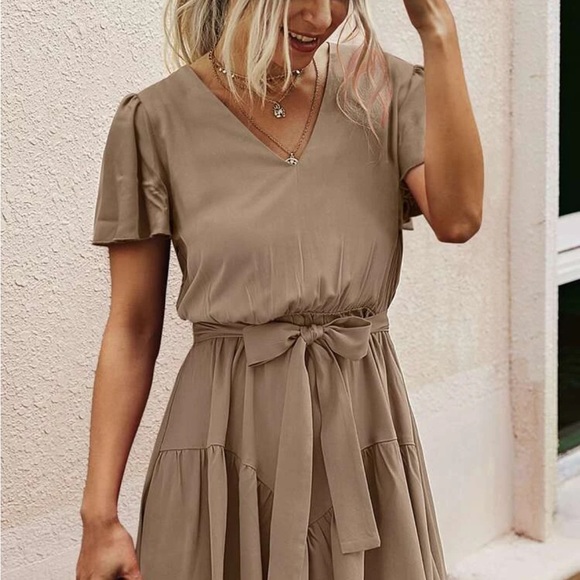 Butterfly Sleeve Ruffle Hem Belted Dress - Picture 2 of 7